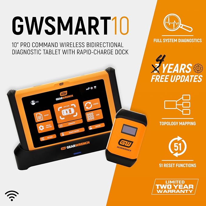 GEARWRENCH 5 pc. Automotive Diagnostic Set with Cart – 10" Bidirectional Diagnostic Tablet, TPMS Programming Tool & 20 Rubber Valve Sensors, HD USB-C Endoscope Camera, Mobile Work Cart | GWSMARTMOD