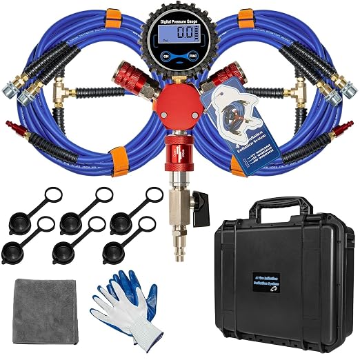 4 Tire Inflation System, 155" Wheelbase Rapid High Flow Off Road Tire Deflator Kit with Hard Case, Universal 4 Way Tire Inflator Hose Kit for Truck Car Motorcycles Off Road Vehicles