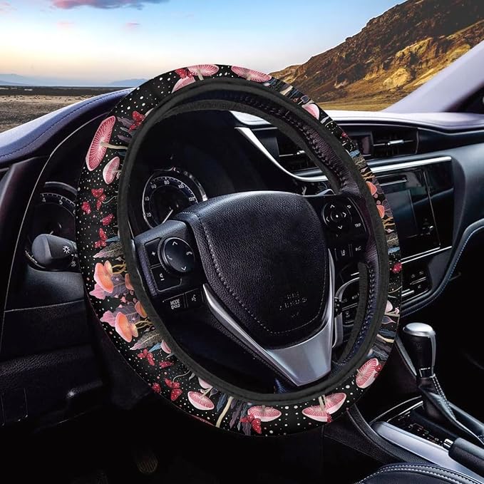 Mushroom Car Accessory Pink Mushroom Car Seat Covers Full Set,Cottagecore Butterfly Mushrooms Auto Steering Wheel Cover Keychain Safety Seat Belt Pad Universal Fit,All Weather Protection 12Pcs