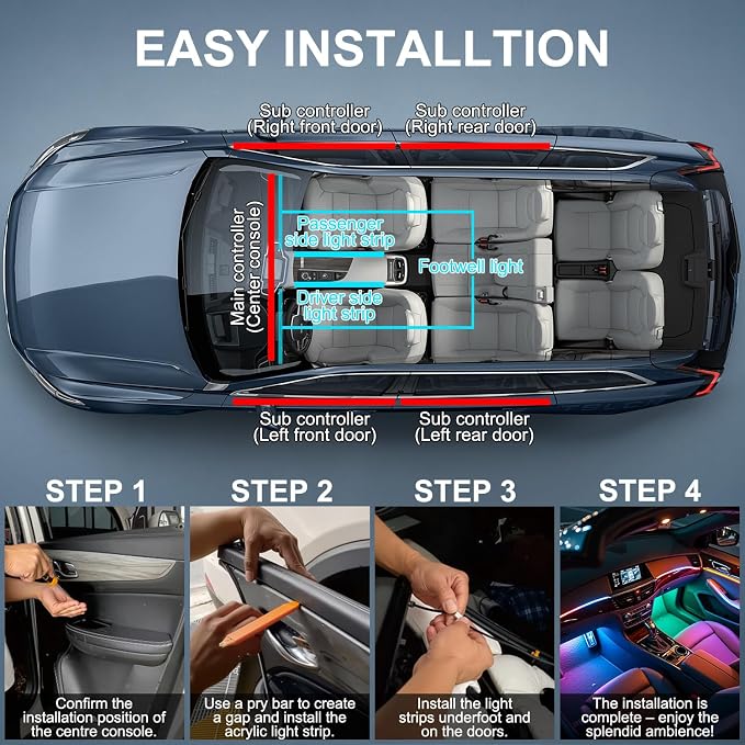Dreamcolor Acrylic Interior Car LED Strip Lights, 18 in 1 Ambient Lighting Kit with Wireless APP, Dynamic Chasing Music Sync Fiber Optic Lights with DIY Mode, Car Inside Lighting Accessories