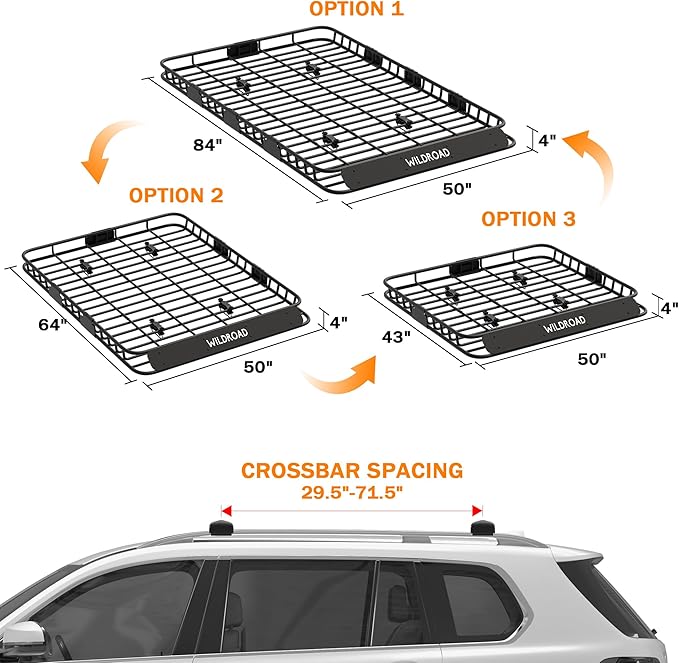 Wildroad Roof Rack Cargo Basket, Upgraded 4” Fence Wide Car Roof Basket Combo, 84"x 50"x 4" Universal Roof Cargo Carrier Basket with Cargo Bag, Cargo Net and Ratchet Straps Fits for SUV Truck Cars
