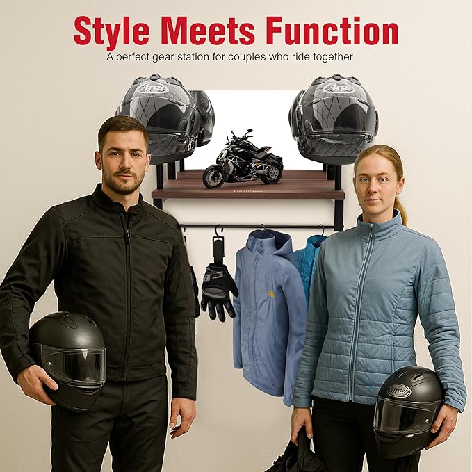 Motorcycle Helmet Holder Wall Mount with Mirror, Rustic Helmet Rack & Gear Hooks, Helmet Hanger Wall Mount for Gloves, Keys & Accessories, Wood & Metal Helmet Display Organizer for Entryways/Garages
