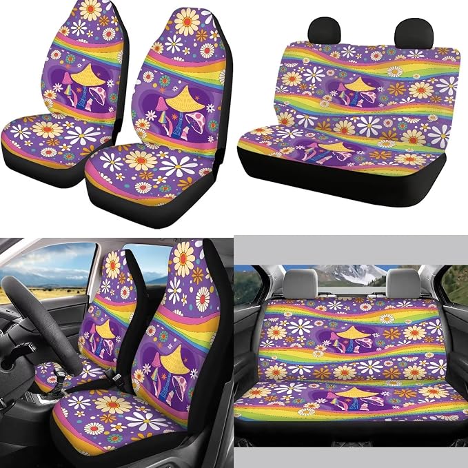 Mumeson Cute Hippie Flower Mushroom Car Seat Covers Set with Steering Wheel Cover + Safety Seat Belt Pads + Armrest Cushion Pad for Car 8 Pack Car Accessories Decor for Womens Universal