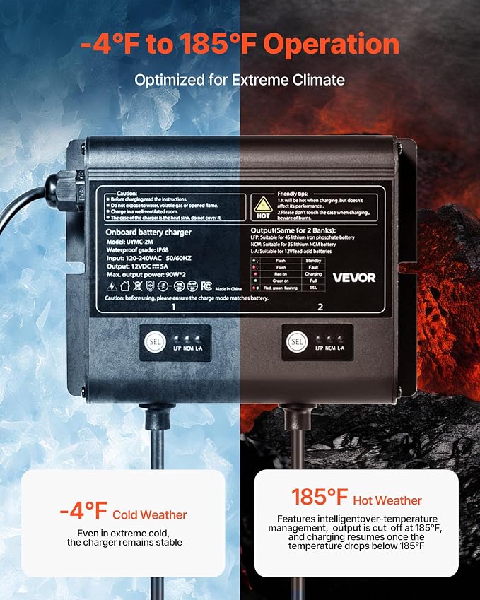VEVOR 2 Bank Marine Battery Charger, 5A × 2, 12V Onboard Charger, IP68 Waterproof Smart Boat Battery Charger, for Lithium-Ion LiFePO4, NCM, Lead-Acid Batteries, Large Boat, Yacht, RV, Trailer