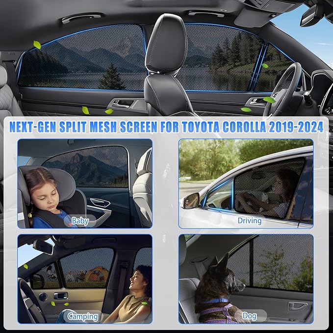 ZATOOTO Car Window Shades for Toyota Corolla 2019-2024, Side Window Cover Sunshade for Corolla Front Window Split Design Car Window Screen for Camping UV Sun Blocker Privacy Ventilation Bug-Free