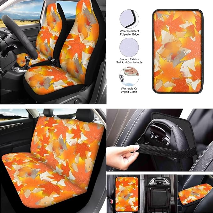 13 PCS Maple Leaf Car Seat Covers, Autumn Maple Leaves Auto Steering Wheel Cover & Seat Belt Covers, Thanksgiving Day Orange Gradient Cup Holder Coaster Keychain
