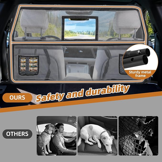 52" Wide Dog Car Barrier with Window & Steel Frame, Universal Fit for Cars, Sedans,SUVs,and Trucks, Car Barrier for Escape-Proof, Vehicle Gate for Dog Travel