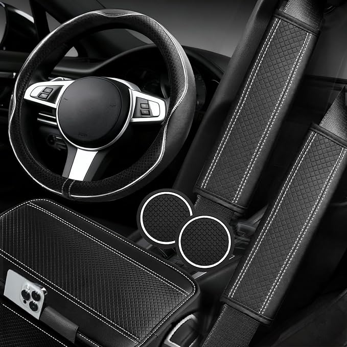 NBTEPEM 6 PCS Car Steering Wheel Cover Set, Microfiber Leather Steering Wheel Covers Universal 14.5-15 inch, Center Console Cover, Seat Belt Cushion, Cup Holder Coaster, Car Accessories Set White