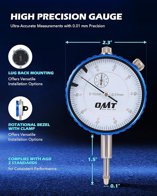 Orion Motor Tech Dial Gauge, for Brake Runout and Ball Joint, Clamping Dial Indicator with 7 in Locking Pliers & 360° Flexible Stem Holder, 0.01 mm Precision Automotive Dial Indicator