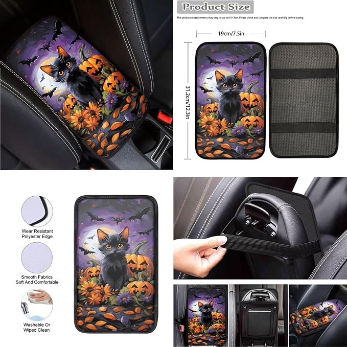 Black Cat Pumpkins Print Car Seat Covers Full Set with Car Steering Wheel Cover, Auto Armrest Pad Protector, Auto Seat Belt Pads, Automotive Halloween Decorations