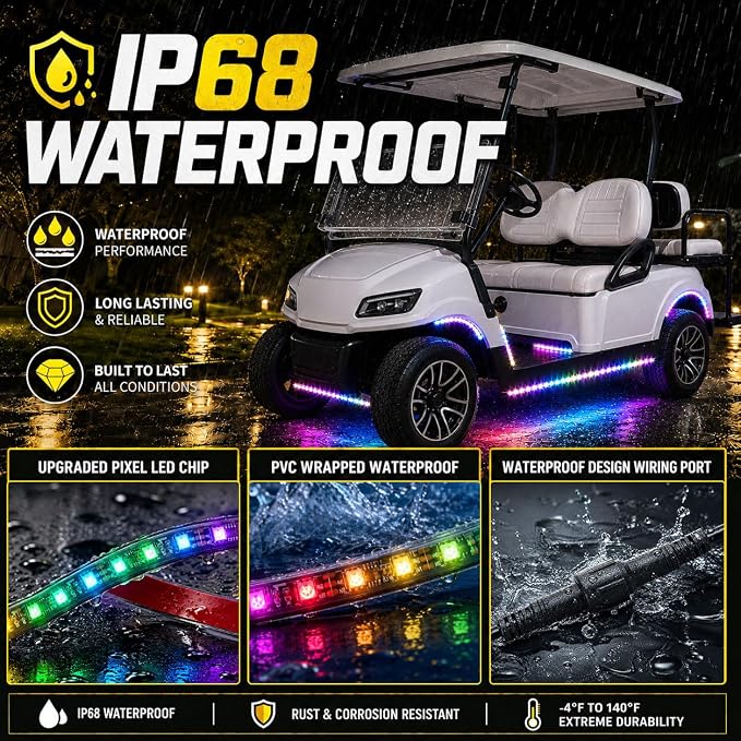 Roykaw Golf Cart Underglow LED Strip Lights Accent Neon Lighting Kit w/Wheel Well & Interior Lights for EZGO Yamaha Club Car, Million Colors/Waterproof IP68/Sync to Music, Fits 12V - 80V, 12 PCS