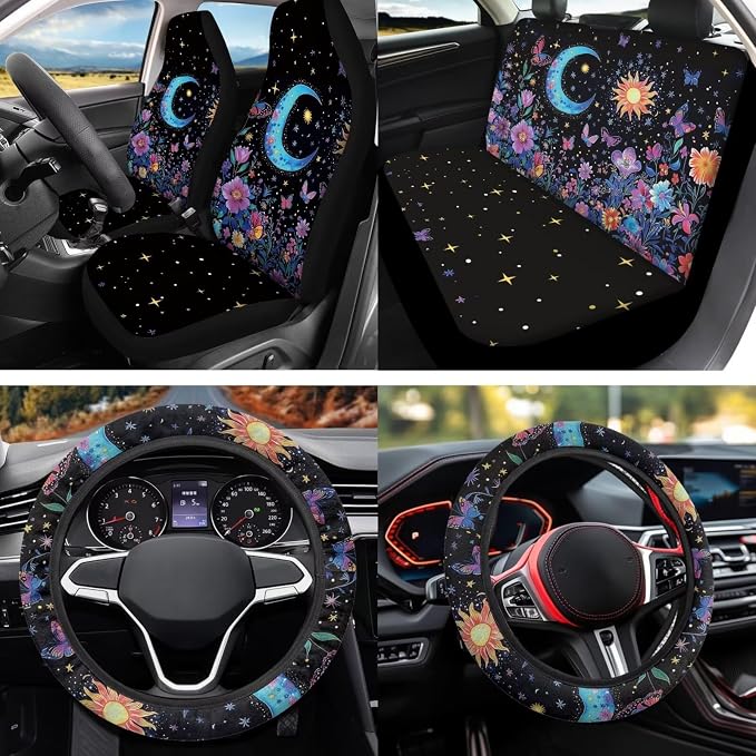 Moon Floral 12 Pcs Car Seat Covers with Steering Wheel Cover,Seat Belt Covers Cup Holder Keychain Holder Elastic Fabrics Universal Fit for Most Cars,SUVs
