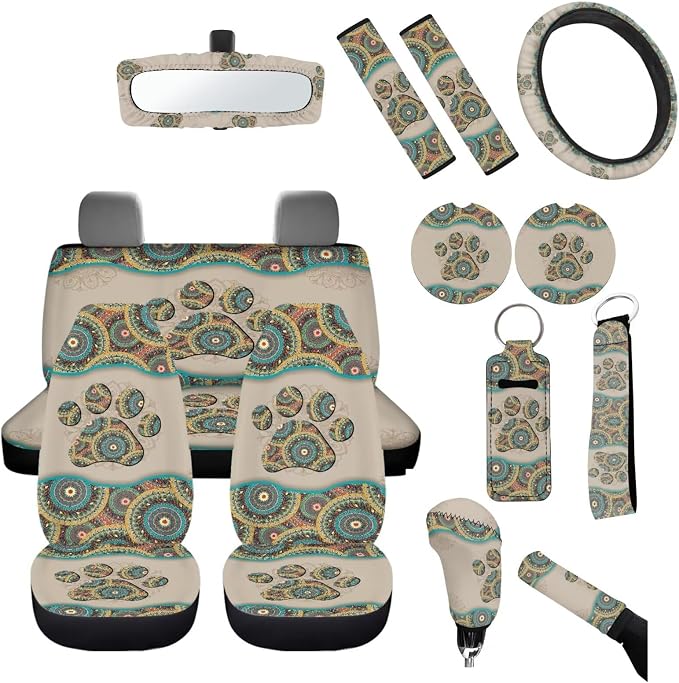 14 Pack Boho Dog Paw Car Seat Covers Full Sets Boho Car Interior Set with Universal Fit Steering Wheel Cover/Seat Belt/Keyring/Coaster/Car Rear View Mirror Covers Automotive Interior Sets