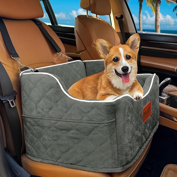 Dog Car Seat for Small Medium Dogs, Detachable Washable Dogs Booster Seat Under 35lbs, Elevated Dog Car Bed with Storage Pockets (Dark Grey, One Size)