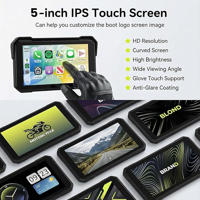 Rimoody 5 Inch Portable Wireless CarPlay & Android Auto Motorcycle Screen, IP68 Waterproof Touchscreen GPS Navigation for Motorbike, Bluetooth Dual Mode, Anti-Theft, Support TPMS & TF Card