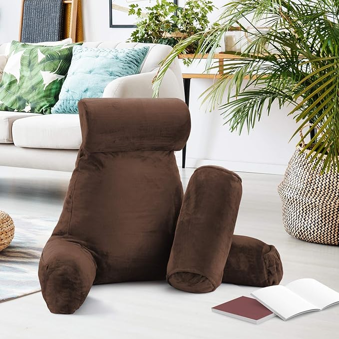 Nestl Reading Pillow with Shredded Memory Foam Includes 2 Neck and Lumber Support Pillows, Designed for Sitting Up in Bed and Couch, Back and Arms Adjustable Support for Adult & Teens, Chocolate Brown