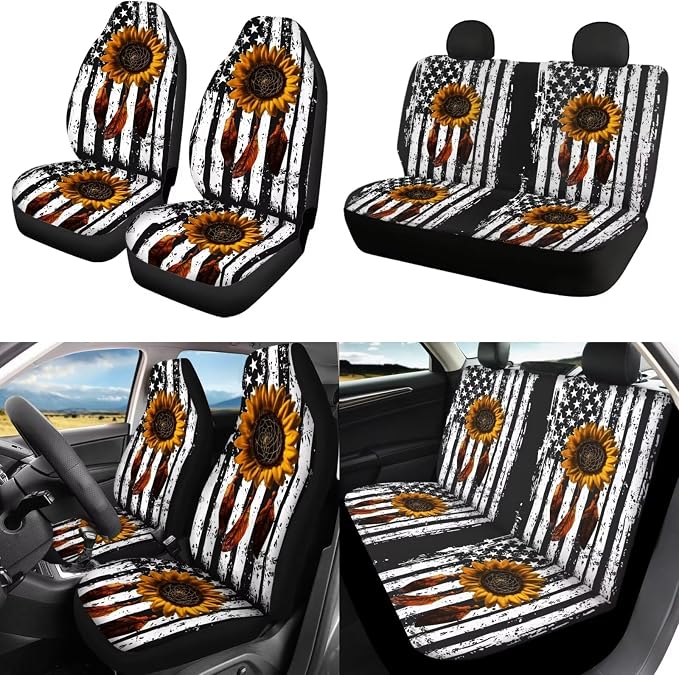 POLERO Patriotic American Flag Seat Covers for Cars Vintage Sunflower Dreamcatcher Car Seat Accessories with Steering Wheel Cover, 11pcs