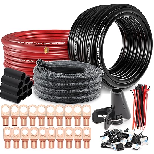 4 Gauge Wire(25ft Each - Red/Black) Copper Clad Aluminum CCA Automotive Wire with 50ft 1/2" Cable Sleeve - Ideal for Car Audio, Solar, Auto, RV, Marine Power & Ground Cables