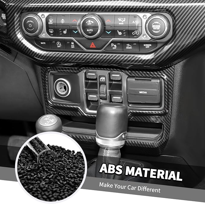 Jimen Fit for Jeep Wrangler JL JLU Gladiator JT 2024-2025, 15PCS Carbon Fiber Interior Kits - Dashboard Navigation Screen Trim, Dash Air Vent Ring, Window Button Panel, Headlight Switch Frame