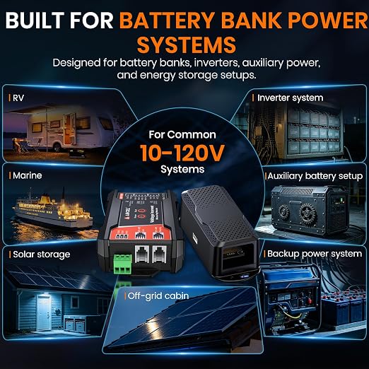 ANCEL BM1000 Bluetooth Battery Monitor with 400A Smart Shunt, 10-120V Capacity Meter for LiFePO4, Lithium, AGM & Lead-Acid Banks, SOC Voltage Current App for RV, Marine, Solar