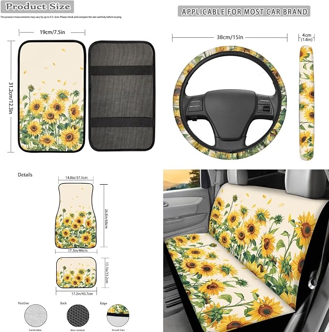 Sunflower Print 17 Pcs Car Seat Covers Full Seat with Floor Mats Car Seat Protectors Steering Wheel Cover Car Full Automotive Interior Decor