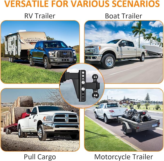 Adjustable Trailer Hitch Fits 2.5" Receiver, Drop Hitch & Tow Hitch with 6-Inch Drop/Rise, 2" & 2-5/16" Dual Ball Hitches for Trucks, 22,000 lbs GTW, Trailer Hitches with Anti-Theft Pin, Black