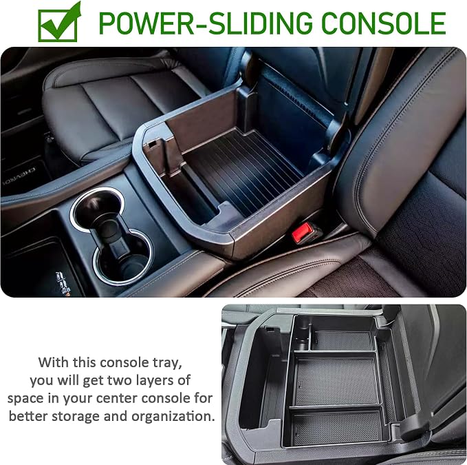TOPINSTALL Dash Center Console Tray and Power-Sliding Console Black Tray Compatible with 2021-2023 2024 Tahoe/Suburban/Yukon Accessories, Full-Size Armrest Organizer New Dashboard Storage Organizer
