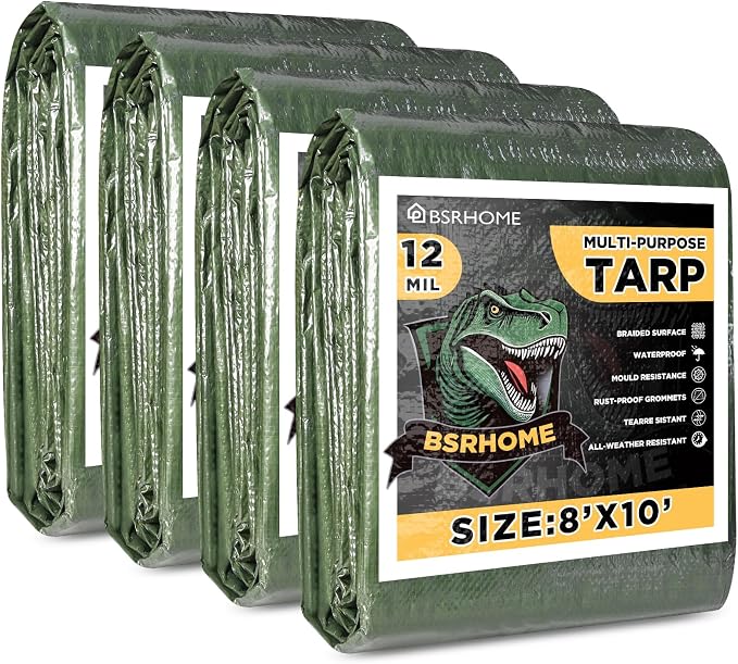 Tarps Waterproof 8x10 Feet, 4 Pack Heavy Duty Green Tarp Cover 12 Mil Thick, Resistant Plastic Tarpaulin with Metal Grommets, Outdoor Tarp Cover for Car,Trailer