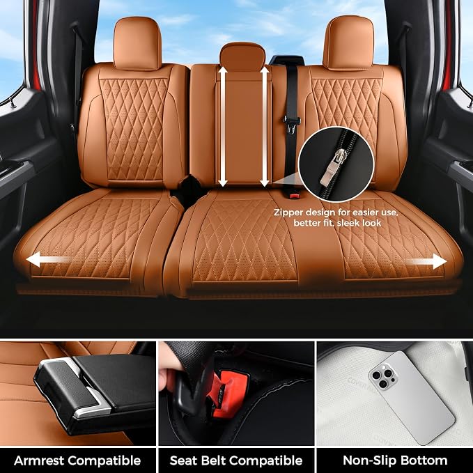 Coverado Premium Leather Full Set Seat Covers Waterproof Heavy-Duty Protectors Custom Fit for Ford F150 (2015-2026) F250/F350/F450 (2017-2026)-Orange, Stain-Resistant