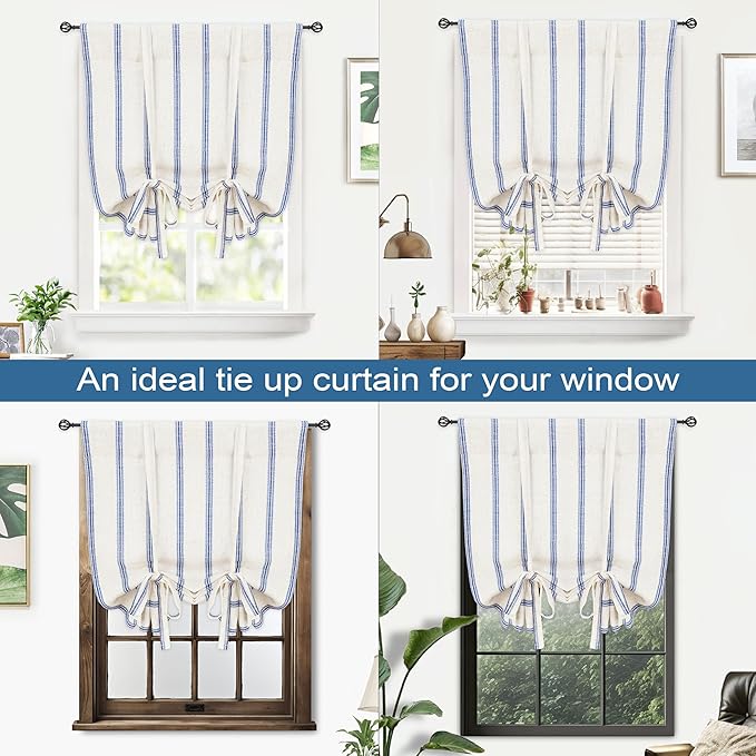 DriftAway Farmhouse Double Layer Linen Blackout Tie Up Curtains Thermal Insulated Vertical Striped Fully Lined Balloon Roman Shade Bathroom Window Adjustable Rod Pocket 25 Inch by 47 Inch Navy