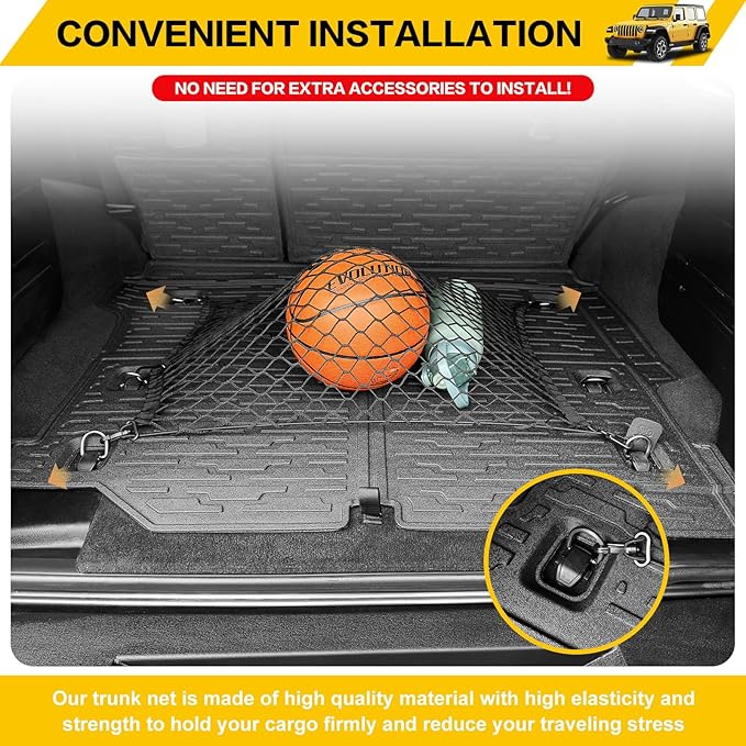 Cargo Mat & Trunk Net for 2018-2024 Jeep Wrangler JL Unlimited 4X4 Trunk Liners with Cargo Net All Weather Anti-Slip Rear Mesh Cargo Net for 18-24 Wrangler JL 4X4 4 Door Accessories