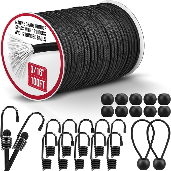 Marine Grade Heavy Duty Bungee Cord Roll with 12 Hooks 12 Bungee Balls- Black Elastic Shock Cord for Kayak Deck, Outdoor Camping, Tarp Tie Downs, Bike Rack, DIY Assorted Bungee Ropes (3/16" x 100ft)