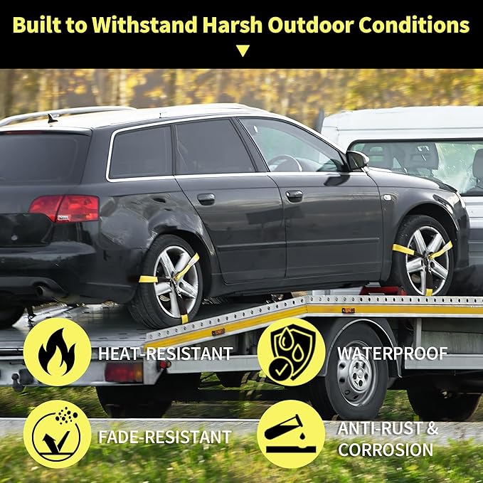 4 Pack Tire Tie Down Straps for Trailers – 2" x 96" Lasso Wheel TrailerRatchet Straps with Chain Anchors, Heavy Duty 9900 lbs Break Strength,UTV, SUV, Truck Trailer Hauling, Yellow