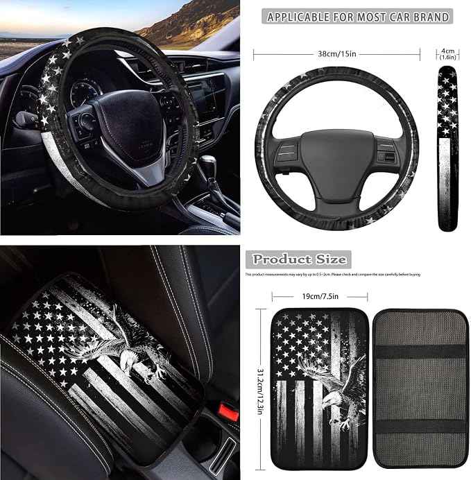 Eagle Print Automotive Seat Covers Full Set of 18 American Flag Print Car Front Rear Seat Covers with Steering Wheel Cover Headrest Protectors Safety Belt Pads Keychain