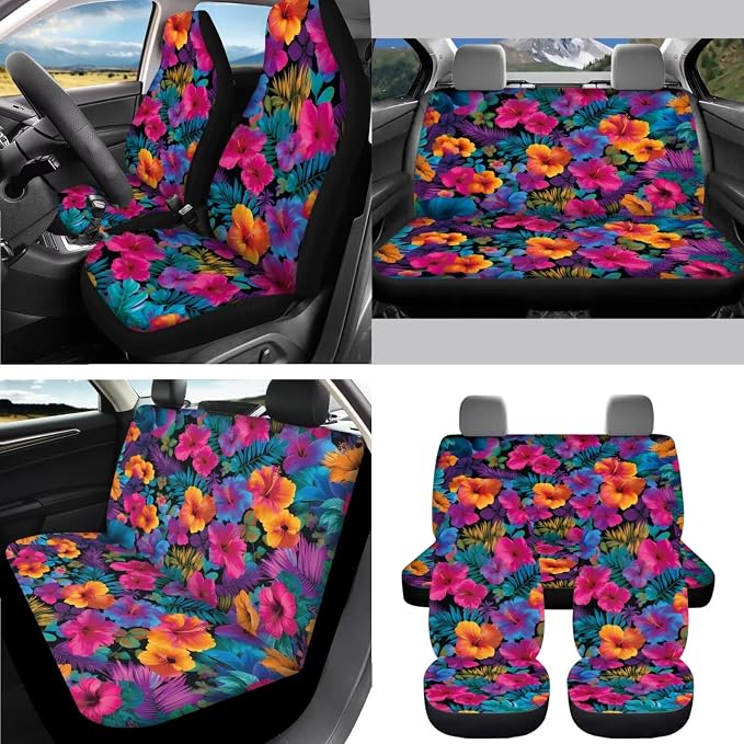 AFPANQZ Tropical Flowers 11 Pieces Auto Accessories Set Car Seat Decoration Covers Full Set with Hand Brake Cover + Gear Shift Knob Cover + Seat Belt Pads + Car Coaster + Steering Wheel Cover