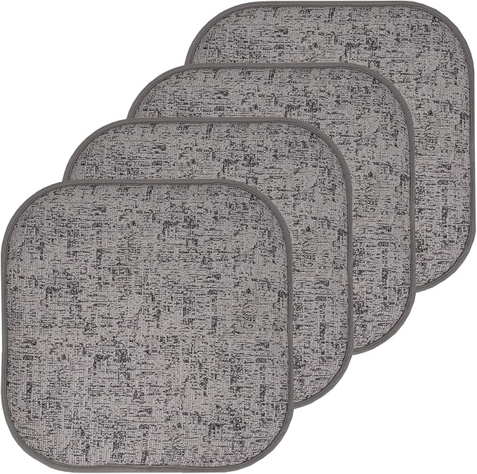 Sweet Home Collection Chair Cushion Memory Foam Pads Honeycomb Pattern Slip Non Skid Rubber Back Rounded Square 16" x 16" Seat Cover, 4 Pack, Broadway Gray/Black