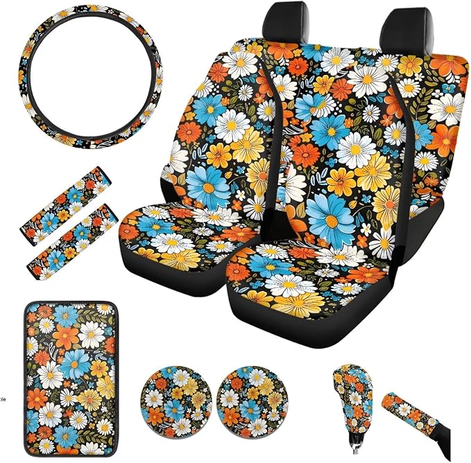BIGCARJOB Hippie Daisy Print Car Seat Cover Set of 12 Pieces Stylish Daisy Print Car Accessories Set with Seat Belt Cover,Armrest Pads,Cup Holder Coaster,Universal Steering Wheel Covers