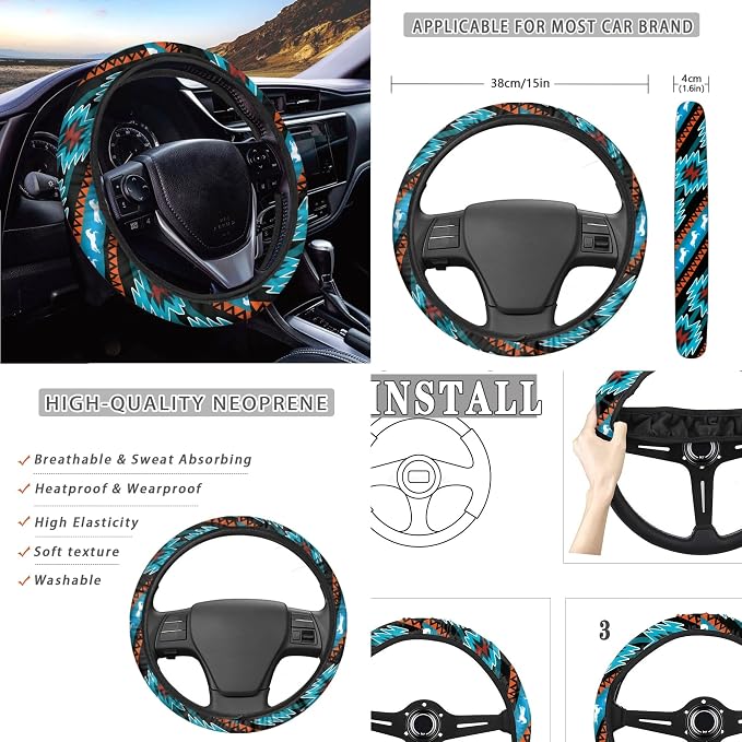 Aztec Western Car Seat Cover Full Set with Tibal Horse Car Seat Cover Steering Wheel Cover, Shoulder Pads, Aztec Auto Seat Covers Car Accessories Universal Fit for Most Cars, Blue