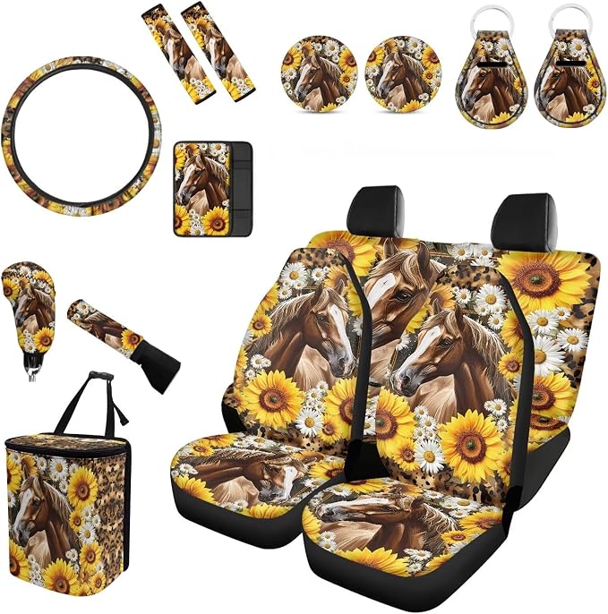 Forchrinse Sunflower Horse Car Sea Covers for Women - Front Back Seat Cover, Steering Wheel, Armrest, Seatbelt, Handbrake, Gear Shift, Garbage Can for Most Vehicles