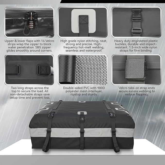 MARCHWAY Waterproof Car Roof Luggage Bag, Weatherproof Soft Shell Rooftop Cargo Carrier Bag for Vehicles with or Without Rack. 6 Door Hooks, Anti Slip Mat, Lock Included (21 Cubic Feet, Black)