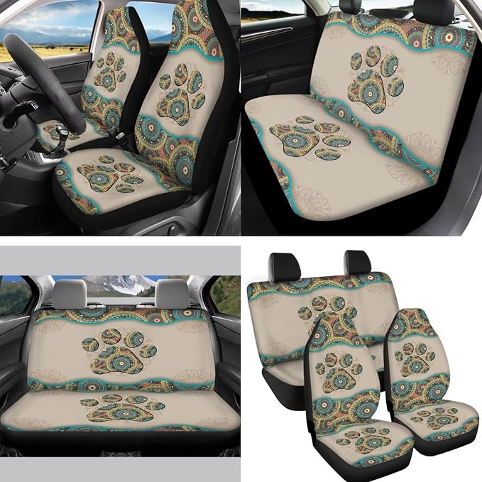 14 Pack Boho Dog Paw Car Seat Covers Full Sets Boho Car Interior Set with Universal Fit Steering Wheel Cover/Seat Belt/Keyring/Coaster/Car Rear View Mirror Covers Automotive Interior Sets
