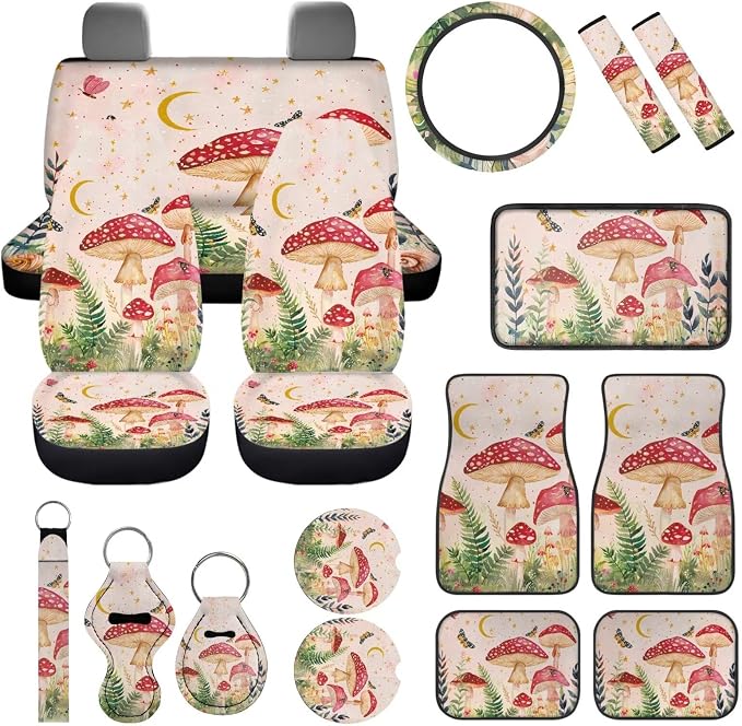 17Pcs Mushroom Car Accessories Full Set for Women Man,Starry Sky Mushroom Car Seat Covers Set for Front and Rear,Steering Wheel Cover Seat Belt Protector Set Car Floor Mats,Easy to Install