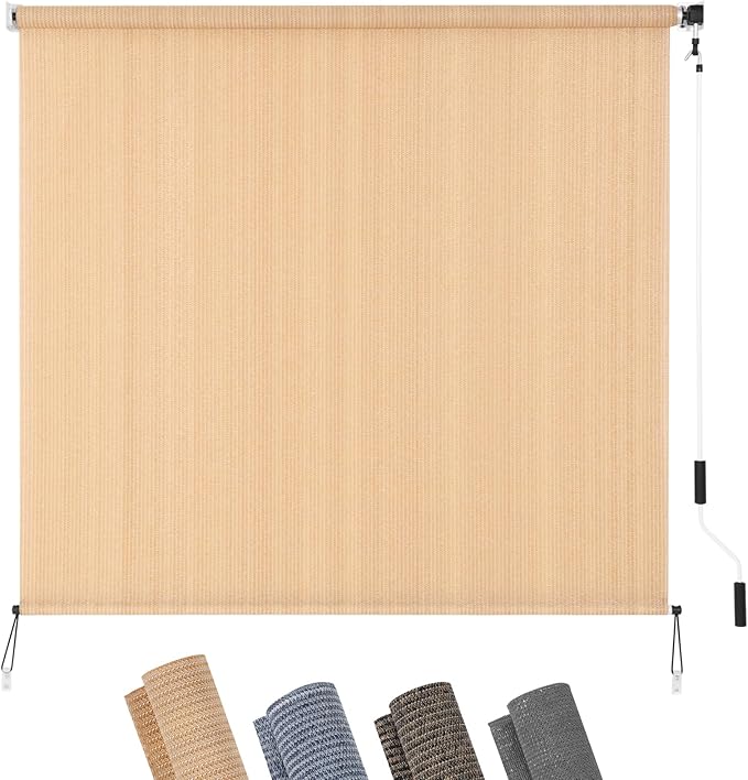 KELIXU Patio Shades Roll Up Outdoor Blind, 8' W x 6' H Cordless Sun Shade Privacy Screen with 90% UV Protection Exterior Roller Shade Cloth for Porch Pergola Backyard Windows Balcony, Walnut