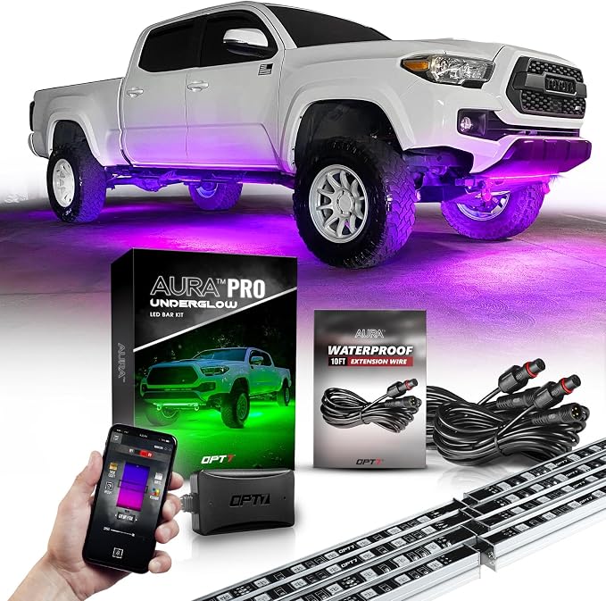 OPT7 10ft Extension Wire & Underglow Bundle Kit with App Control, RGB Multicolor Modes, Music Sync, Truck LED Light Bar Decoration Accessories for Tacoma 4Runner F150