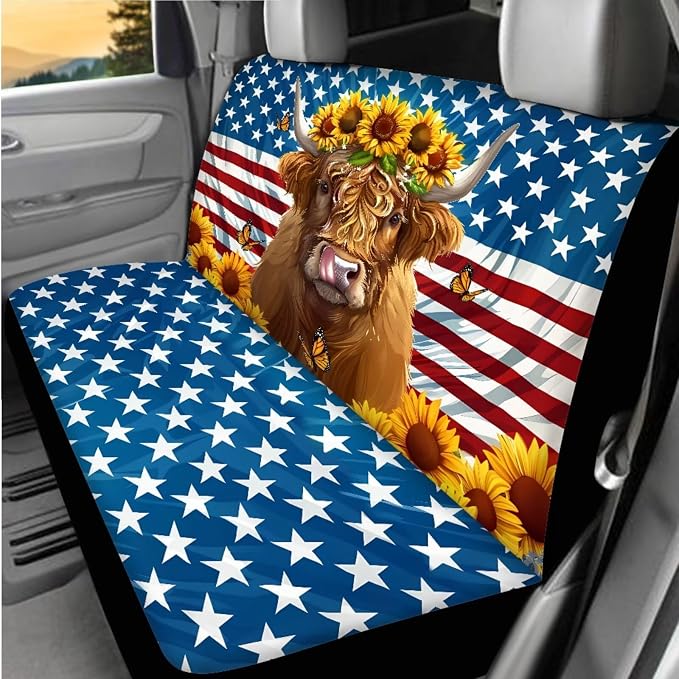 BIGCARJOB Highland Cow Print Car Seat Cover Set for Front and Rear,15 Pcs Sunflower Car Seat Interior Accessories Full Set with Seat Belt Pads,Car Seat Head Rest Protective Cover,Auto Garbage Bag