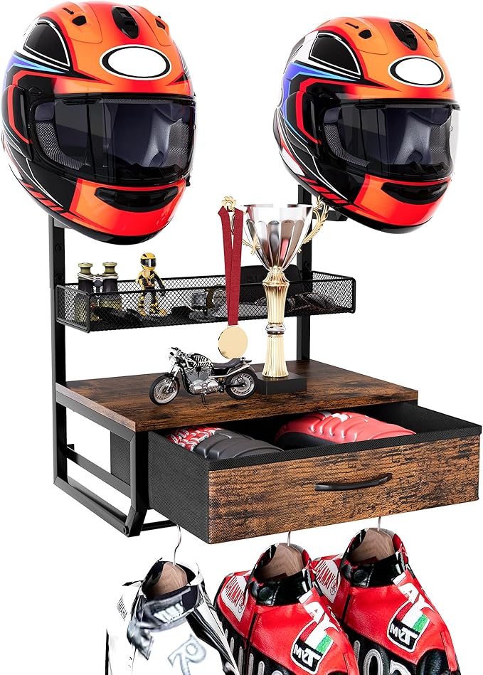 TQVAI Helmet Holder Wall Mount, Hold up to 2 Helmets, Motorcycle Helmets Rack with Drawer and Mesh Basket for Motorcycle Accessories, Hanging Protective Gear Shelf for Backpack Boots