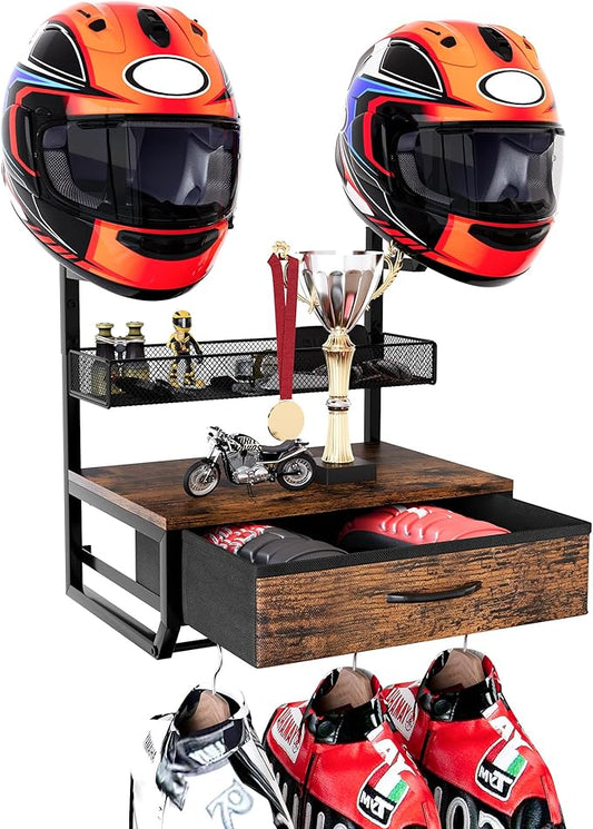 TQVAI Helmet Holder Wall Mount, Hold up to 2 Helmets, Motorcycle Helmets Rack with Drawer and Mesh Basket for Motorcycle Accessories, Hanging Protective Gear Shelf for Backpack Boots