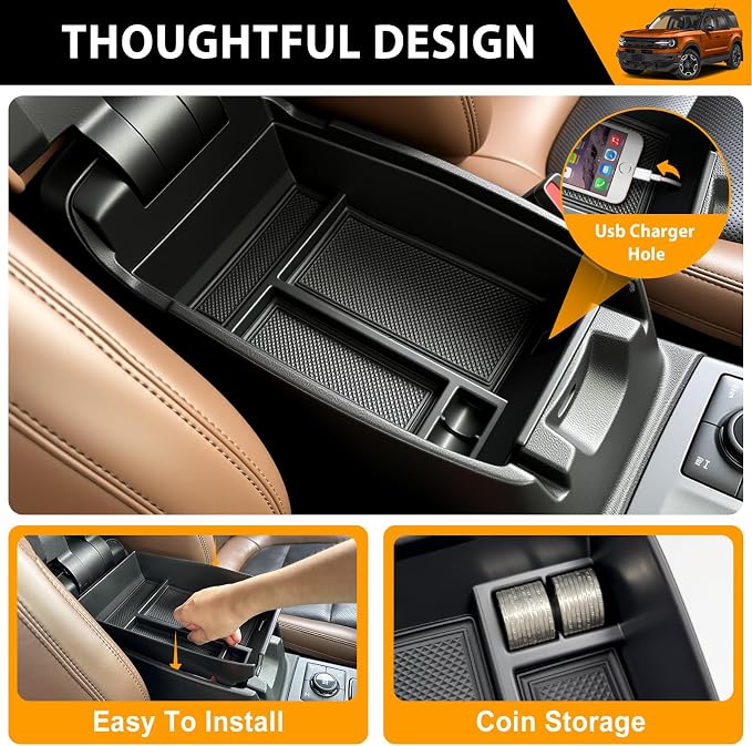 Center Console Organizer Compatible with 2021-2024 Ford Bronco Sport CX430 Dash Storage Tray Armrest Storage Organizer Dashboard Box for Bronco Sport Accessories(Armrest+Dash Storage Tray)