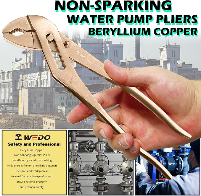 WEDO Non-Sparking Slip Joint Pliers, Spark-free Safety Water Pump Pliers, Length 250mm,Beryllium Copper,Non-Magnetic,35mm Wide Opening Groove Joint Pliers,DIN Standard, BAM & FM Certificate