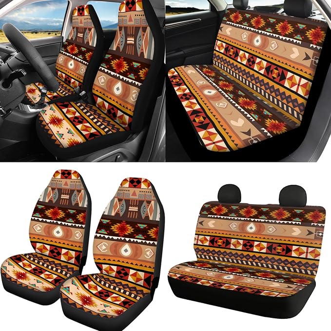 Western Seat Covers Full Set with Aztec Tribal Steering Wheel Cover, Shoulder Pads, Aztec Seat Covers Car Accessories Universal Fit for Most Cars, Brown
